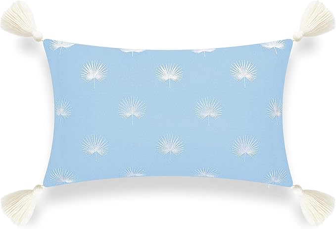 Hofdeco Premium Coastal Hampton Style Patio Indoor Outdoor Lumbar Pillow Cover Only, 12"x20" Water Resistant for Backyard, Couch, Baby Blue Embroidered Palm Leaf Tassel