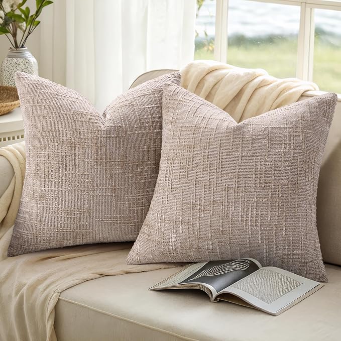 decorUhome Fall Oatmeal Chenille Throw Pillow Covers 18x18 Set of 2 Thick Textured Slubby Couch Pillow Covers Farmhouse Accent Modern Neutral Decorative Pillow Cases for Bed Sofa Living Room