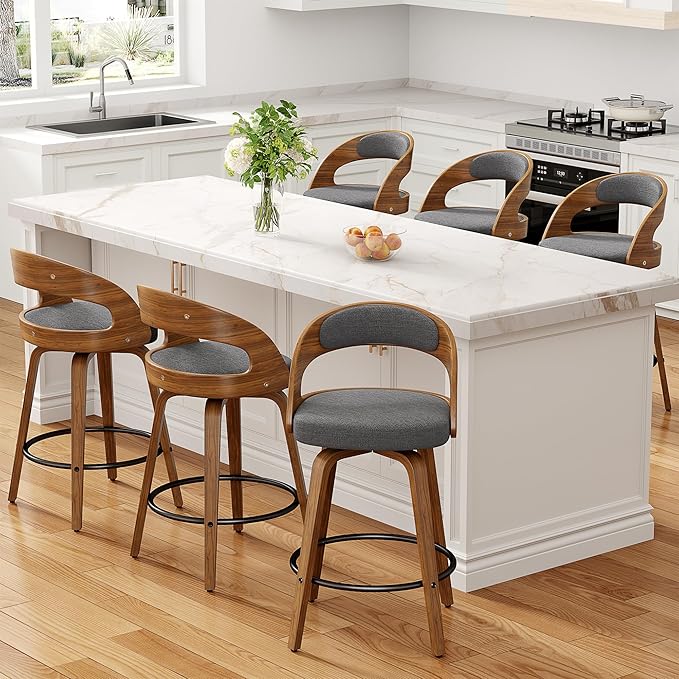 Swivel Bar Stools Set of 6, 26" Counter Height Bentwood Barstool, Mid-Century Modern Upholstered Fabric Bar Chair with Back and Footrest, for Kitchen Island, Bar, Cafe, Dining Room, Grey Linen