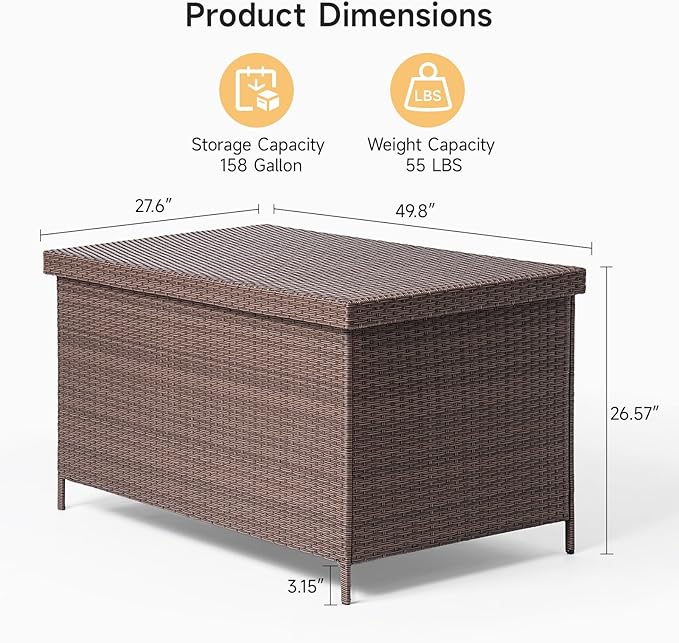 158 Gallon XL Deck Box with Lid, All Weather Wicker Outdoor Storage Box Waterproof, Large Outdoor Patio Storage Bin for Cushions, Garden Tools, Gears, Brown