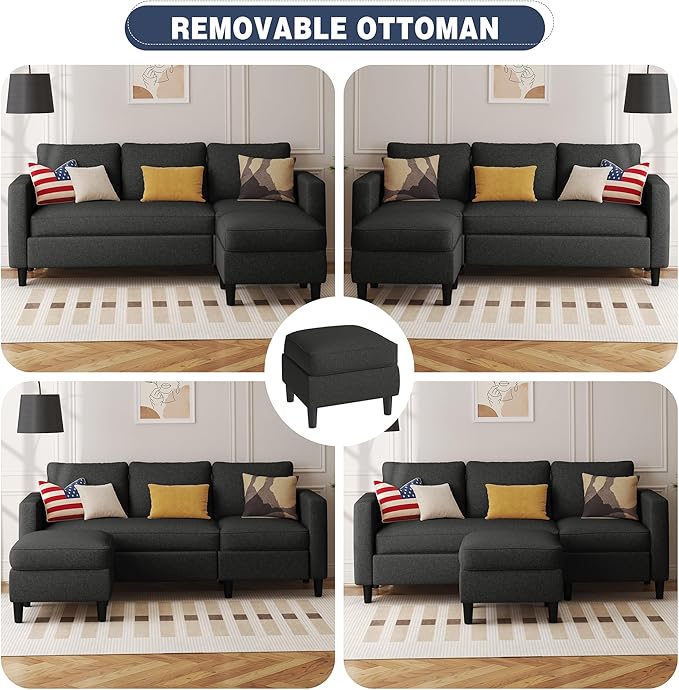 Shintenchi Small Sectional Couch Sofas, 3 Seat L Shape Sofa with Ottoman, Fabric Upholstered Convertible Sofa Couches, Small Couch for Apartments, Living Room and Office (Black)