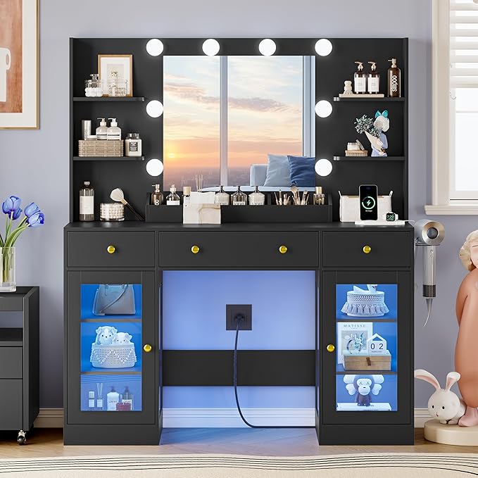Vanity Desk with Mirror and Lights, Makeup Vanity Set with 3 Storage Drawers & Adjustable Shelves, Dressing Table with RGB Cabinets & Charging Station, 3 Lighting Modes for Women Kids Bedroom, Black