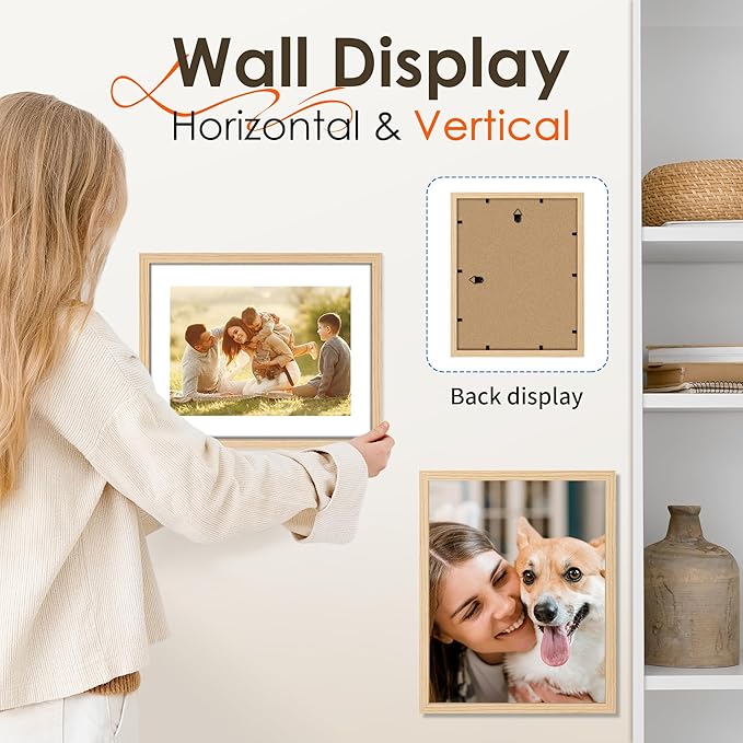 FIXSMITH 11x14 Picture Frame 2 Pack, Photo Frame with HD Plexiglass, Display Pictures 8x10 with Mat or 11x14 Without Mat, Natural Picture Frames Collage Wall Decor, Gallary Wall Frame