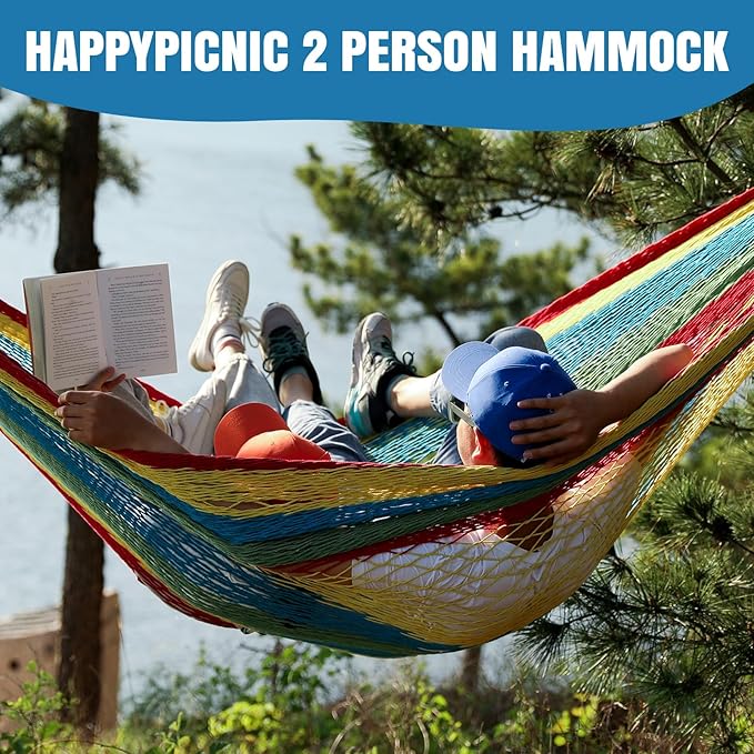 HappyPicnic Handwoven Mayan Hammock - Portable Family Hammock with Carry Bag Matrimonial Size Multi-Color Handmade Hammock for Travel Camping Backyard, Porch, Outdoor or Indoor Use (Colorful)
