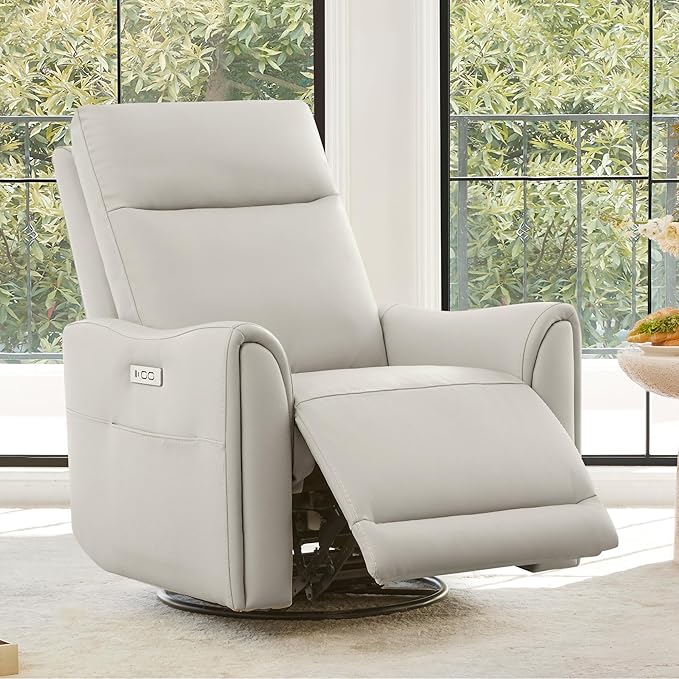 Watson & Whitely Power Recliner Chairs for Adults, Swivel Rocker Recliner Chair with Charging Ports for Living Room, Faux Leather RC011 (Cream)