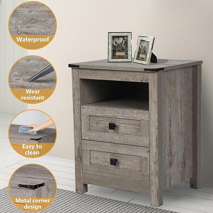 Grey 6 Drawer Dresser & 2 Farmhouse Nightstand Set for Bedroom, Wood Dresser with Metal Handle for Bed Room, Hallway, Light Grey Rustic Oak