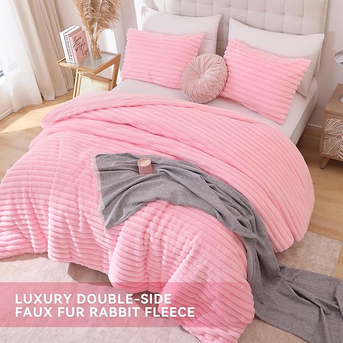 Smoofy Fluffy King Size Comforter Set 3 Pieces - Pink Fleece Fluffy Comforter Set, Luxury Fuzzy King Bedding Set, Soft King Bed Set All Season, Heavy Faux Fur Comforter with 2 Pillow Cases