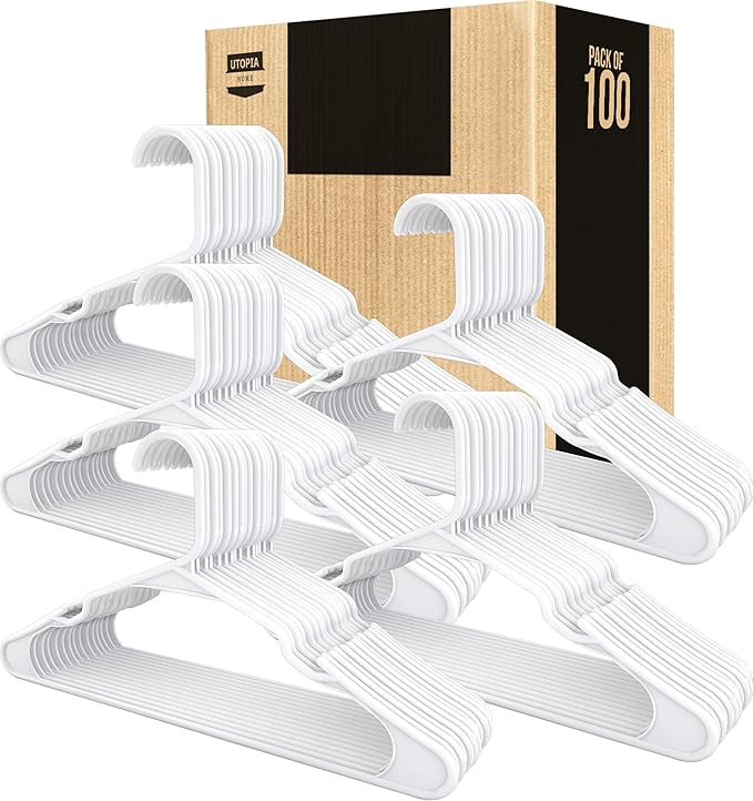 Utopia Home Plastic Hangers 100 Pack - Perfect Space Saving Clothes Hanger - Durable and Strong - Perfect Closet Organizers with Shoulder Grooves (White)