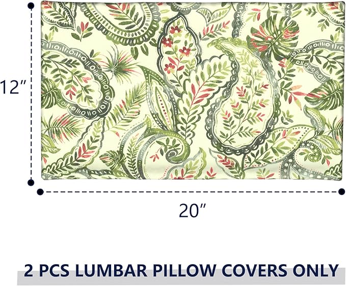 Outdoor Lumbar Pillow Covers 12”x20”, Rectangle Throw Pillow Covers for Patio Furniture, Decorative Lumbar Cushion Case for Garden Balcony Couch Office Chair, Pack of 2,Faylinn Shadow Paisley
