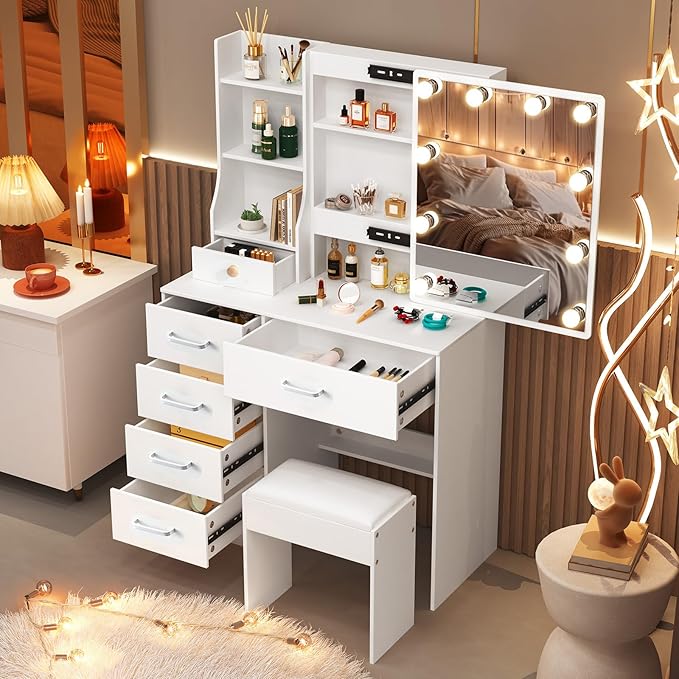 Makeup Vanity Desk with Mirror and Lights, Vanity Desk with 3 Color and Brightness Adjustable, European Style Dressing Table with 6 Drawers, Makeup Vanity with Stool for Bedroom