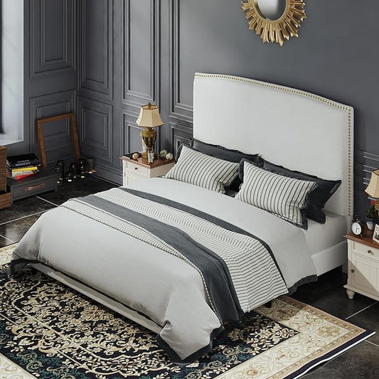 Queen Size Bed Frame with Headboard, 56" Upholstered Platform Bed with Nailhead Trim, Soft Boucle Fabric, No Box Spring Needed, Easy Assembly, White