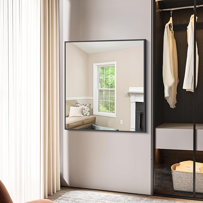 BONEWEI Bathroom Mirror,36x40 inch Wall Mirror for Bathroom Wall Mounted Black Rectangle Square Corner Mirrors, Black Bathroom Mirror for Living Room, Farmhouse, Bedroom Entryway, Horizontal/Vertical