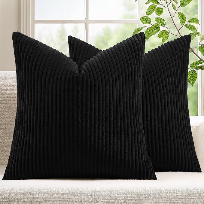 Mecatny Corduroy Decorative Throw Pillow Covers 16x16 Set of 2 for Sofa Living Room, Soft Neutral Boho Couch Pillow Covers for Home Decor, Black