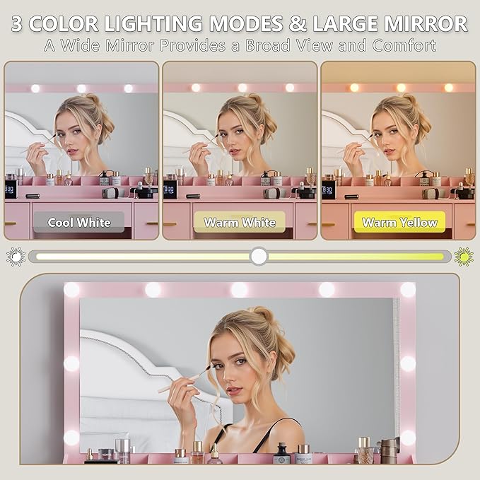 Makeup Vanity with Large Lighted Mirror and Chair, 7 Drawers Vanity Makeup Desk Table with Power Strip, Adjustable Lighting, and Cushioned Storage Stool for Women, Girls