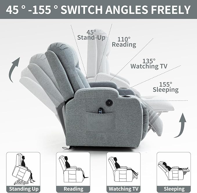 PELUMY Power Lift Recliner Chair for Elderly with Massage & Heat - Heavy Duty Electric Lift Chair, Oversized Recliner, Lay Flat, 8-Point Vibration, Lumbar Heating, USB Port, Cup Holders (Grey)