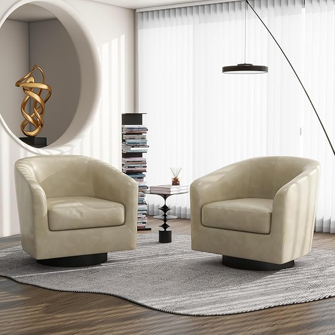 Swivel Barrel Accent Chair, Modern Round Faux Leather Arm Chair for Living Room, Bedroom, Comfy Club Reading Chairs for Adults(Faux Leather, Cream, Set of 2)