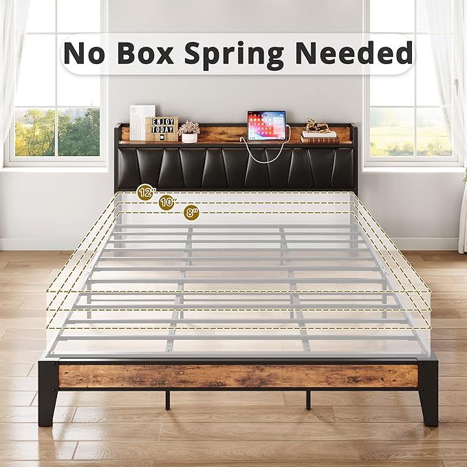 LIKIMIO California King Bed Frame, Storage Headboard with Charging Station, Solid and Stable, Noise Free, No Box Spring Needed, Easy Assembly (Vintage and Black)