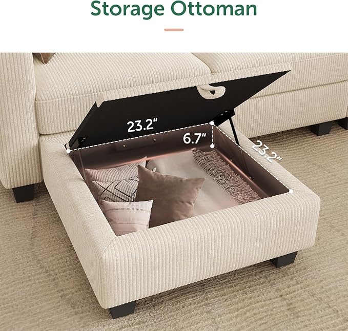 HONBAY U-Shaped Corduroy Sectional Couch with 6 Seaters Modular Sectional Sofa with Storage Ottoman Sectional Couches for Living Room, Beige