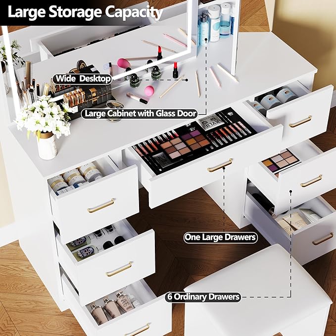 Vanity Desk with Mirror and Lights, Large Storage Makeup Vanity with 7 Drawers, White Vanity Desk Table with Side Glass Cabinet, Adjustable Brightness Vanity Set with Stool for Dressing Room