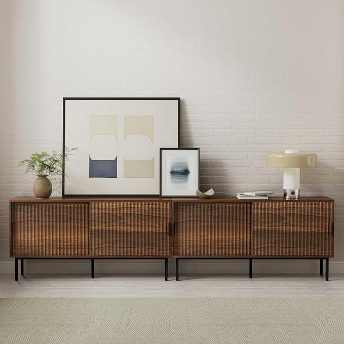 Fluted Tv Stand Set of 2, 47" Mid Century Storage Cabinet with Adjustable Shelf, Wooden Media TV Console Entertainment Center for Living Room, Brown