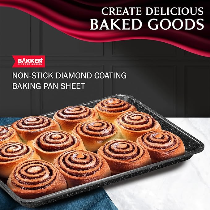 BAKKEN Kitchen Baking Pans - Small, Medium, and Large Cookie Pan (13.58×9.65, 15.75×11, 17.91×12.60), Nonstick, Diamond Texture Bottom, PFOA, PFOS, PTFE Free, Oven Safe (450°F), Pack of 3, Gray Marble