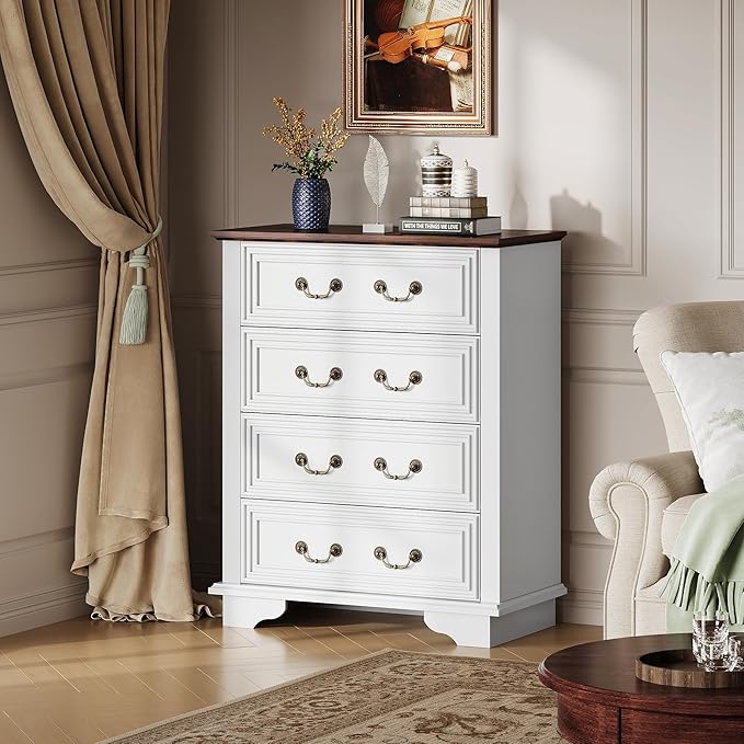 WLIVE Farmhouse Dresser for Bedroom, Tall Wood Dresser with 4 Drawers, Chest of Drawers with Roman Metal Handle for Living Room, Hallway, Closet, White