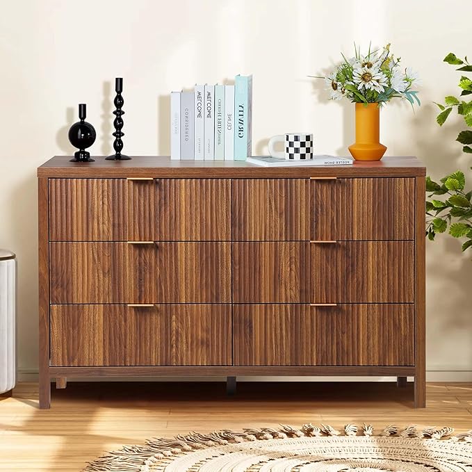Fluted 6 Drawer TV Stand Dresser for Bedroom, Mid Century Modern Dresser with Drawers, MDF Wooden Chest of Drawers, Fluted Cabinet for Closet Cloth, Living Room, Entryway -Walnut