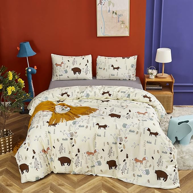 CLOTHKNOW Kids Comforter Set Twin/Twin XL 3Pcs Yellow Bear Bedding Comforter Sets Soft Animal Cartoon Comforter Fox Rabbit Beige Bedding with 2 x Pillow Cases