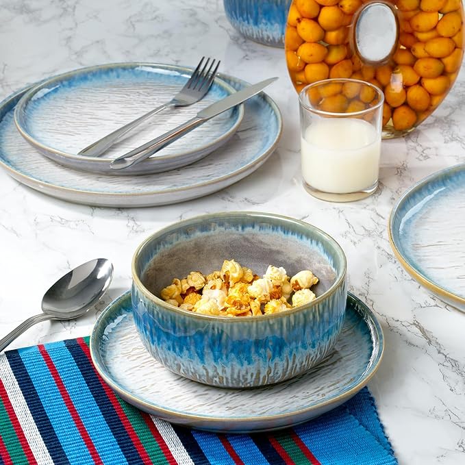 “Talia” 12-piece Stoneware Dinnerware Set with Reactive Glaze Finish, Service for 4, Blue Reactive Glaze