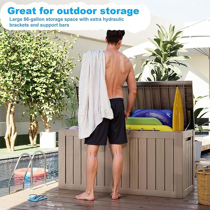 Vixzen 86 Gallon Resin Deck Box, Lockable Outdoor Storage Box for Patio Cushions Storage Furniture,Garden Tools, Pool Supplies, Weatherproof and UV Resistant- Grey