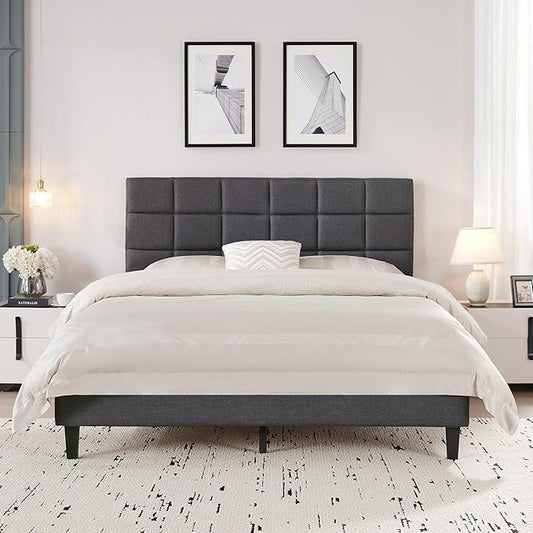 BedsPick Full Size Bed Frame with Fabric Upholstered Headboard, Bed Frame Full Size with Solid Wooden Slats Support, No-Noise, Easy Assembly, No Box Spring Needed with 800LBS, Grey