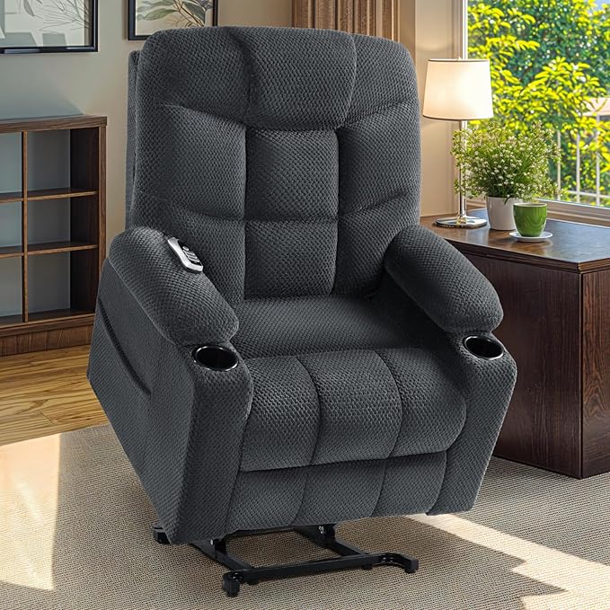 Triple Motor Large-Wide Power Lift Recliner Chair with Power Headrest for Big and Tall Elderly, Infinite Position, Massage Heat, Extend Footrest, USB, Cup Holder, Plush Flannel, Dark Grey