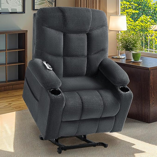 Triple Motor Large-Wide Power Lift Recliner Chair with Power Headrest for Big and Tall Elderly, Infinite Position, Massage Heat, Extend Footrest, USB, Cup Holder, Plush Flannel, Dark Grey