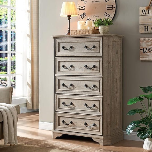 T4TREAM Farmhouse 5 Drawers Dresser for Bedroom, 48" Tall Wood Rustic Chest of Drawers with Natural Texture, Vintage Design, Storage Dressers Organizer for Bedroom, Living Room Light Rustic Oak