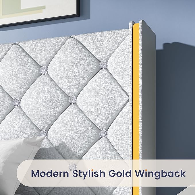 Full Upholstered Bed Frame with Headboard, Faux Leather Platform Bed with Wingback Design, Modern Diamond Bed Frame with Tufted Deep Button, No Box Spring Needed, Easy Assembly, White