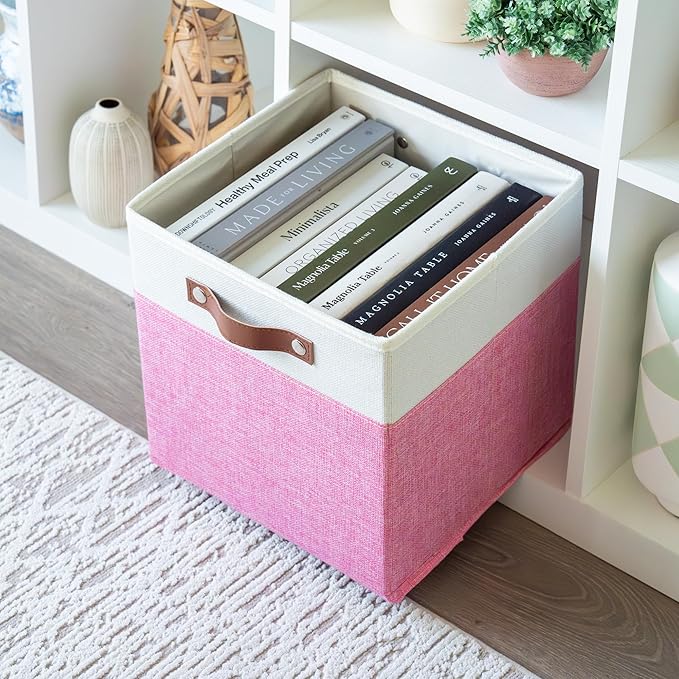 OrganiHaus 11x11 Fabric Cubes Storage Bins Set of 4, Foldable Collapsible Fabric Storage Bins for Organizer, Cubbies Organizer for Kallax, Linen Cube Shelf Baskets, Toy Organizing boxes - Pink/White