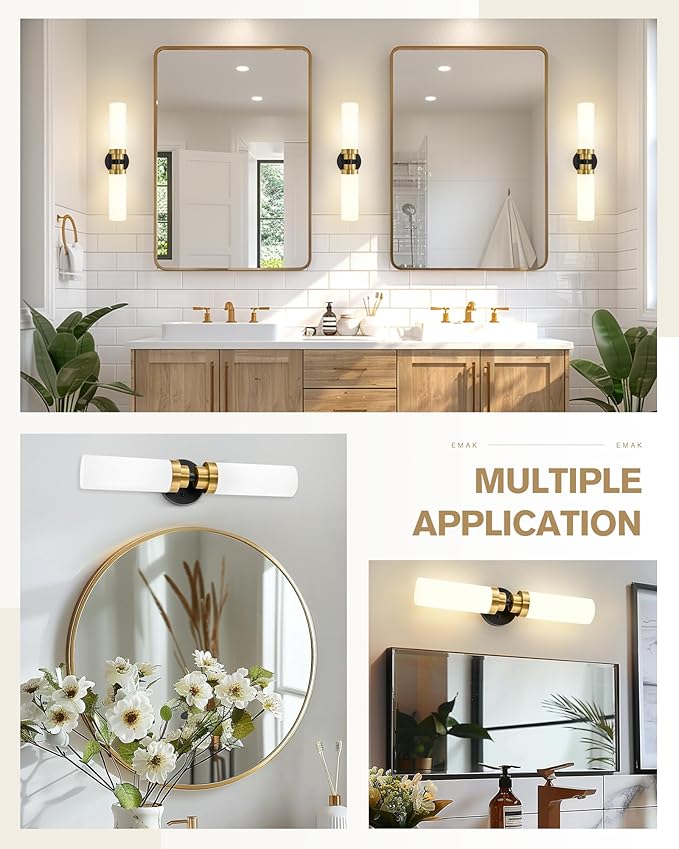 Emak Modern 22 Inch Bathroom Light Fixtures Over Mirror, Black Gold Vanity Lights with Milk Glass Shade, 2-Light Wall Sconce for Bathroom, Bedroom, Hallway, VL085-BKBGD-ML-2