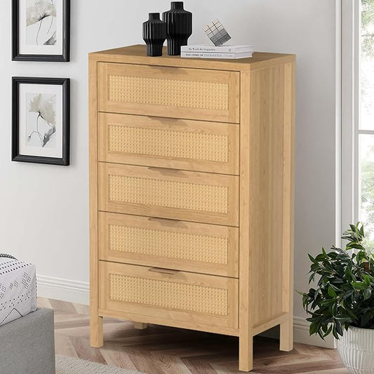 Wood 5 Dresser for Bedroom, Wide Rattan Drawer with Gold Handle for Bed Room, Hallway, Rustic Oak