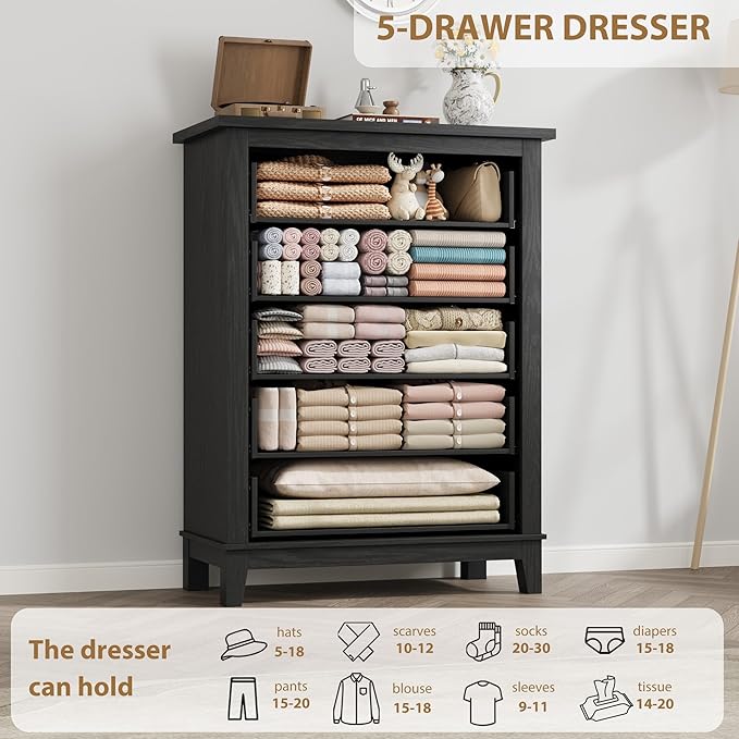 GarveeHome 5 Dresser for Bedroom, 41.3" Tall Vertical Drawer Dresser with Large Storage, Freestanding Wooden Closet Chest for Bedroom, Living Room, Black