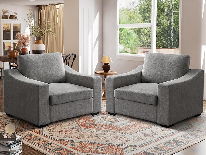 ELUCHANG 47" W Oversized Accent Chair Set of 2, Linen Fabric Modern Chair, Washable Covers, Comfy Upholstered Large Reading Armchair for Living Room, Bedroom, Office, Dark Grey