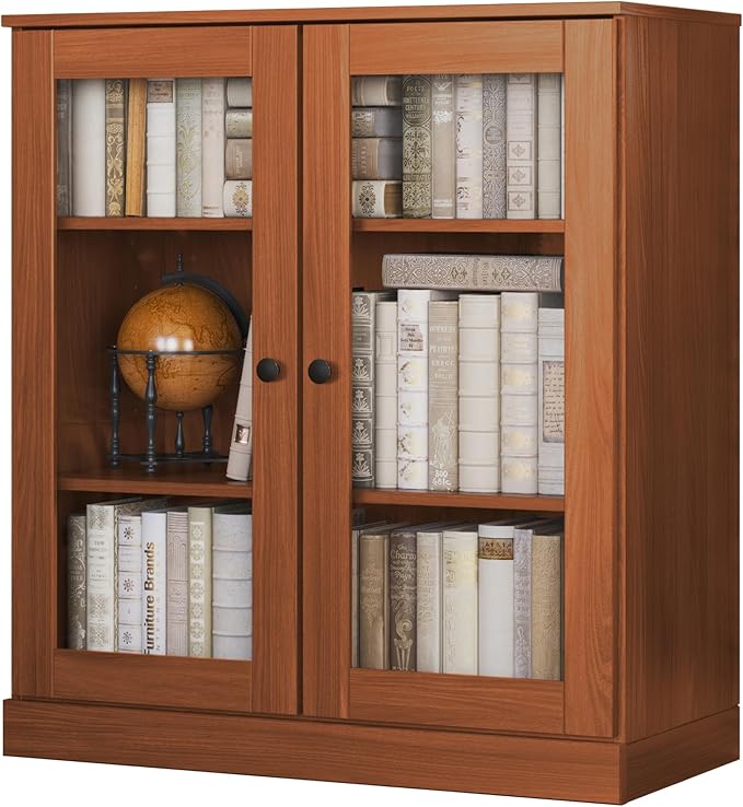 Palace Imports Solid Wood Bookcase - Floor Standing Bookshelf - 32” W - Display Furniture, Renewable 100% Eco-Friendly Wood, Made in Brazil (Mocha, Clear Glass Doors | 3-Shelf Short Bookcase)