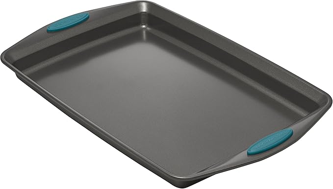 Rachael Ray Nonstick Bakeware Set with Grips includes Nonstick Bread / Baking Pans, Cookie / Baking Sheet and Cake Pans - 10 Piece, Gray with marine blue grips