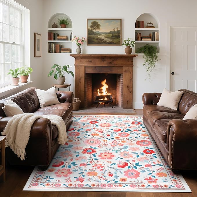 8x10 Area Rug for Living Room Clearance, Modern Washable Rug Non Slip Low Pile Floral Rugs for Living Room, Bedroom, Farmhouse, Dining Room, Kids Playroom, Beige