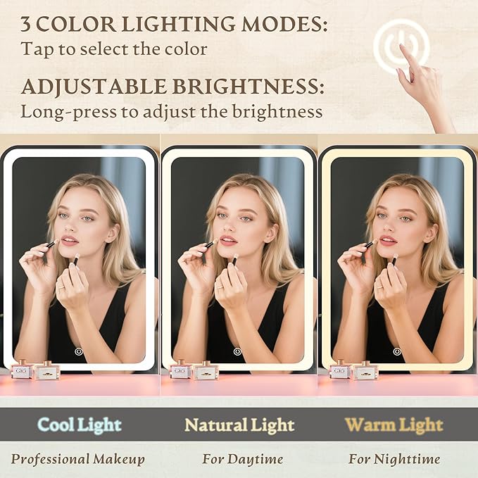 Pink Makeup Vanity Desk with Mirror and Lights, Small Vanity Table Set with Power Outlet, Dressing Table with 2 Drawer & 4 Storage Shelves, Adjustable RGB Lighting, Includes Chair for Girl’s Bedroom