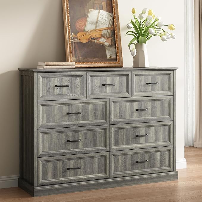 CARPETNAL Farmhouse 9 Drawer Dresser for Bedroom, 55 Inch Wide Modern Grey Dresser TV Stand with Large Drawers & Bar Handles, Rustic Wood Chest of Drawers for Bedroom, Living Room, Hallway, Entryway.