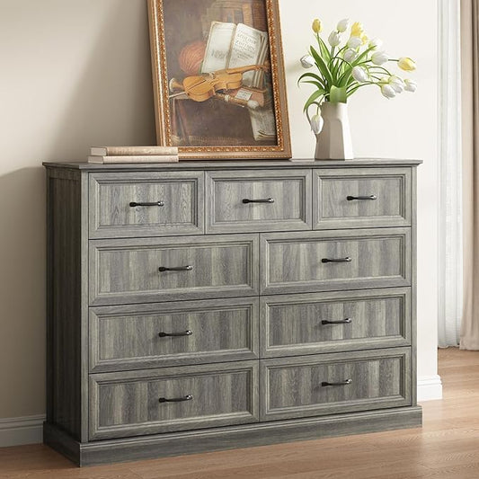 CARPETNAL Farmhouse 9 Drawer Dresser for Bedroom, 55 Inch Wide Modern Grey Dresser TV Stand with Large Drawers & Bar Handles, Rustic Wood Chest of Drawers for Bedroom, Living Room, Hallway, Entryway.
