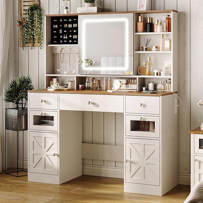 Farmhouse Vanity Desk with Mirror and Lights,White Makeup Vanity with 5 Drawers & Hidden Storage,Rustic Large Dressing Table with Charing Station & Shelves for Bedroom