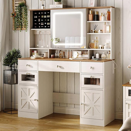 Farmhouse Vanity Desk with Mirror and Lights,White Makeup Vanity with 5 Drawers & Hidden Storage,Rustic Large Dressing Table with Charing Station & Shelves for Bedroom