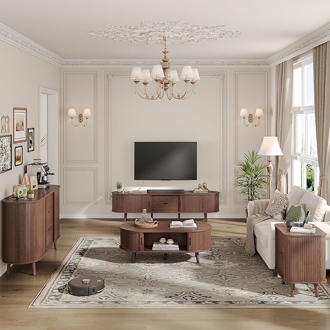 Alohappy 59" Mid Century Modern TV Stand with Charging Station, 32" Tall Farmhouse Curved Edge Media Console Table with Drawer and Shelf, Fluted Entertainment Center for Living Room, Bedroom Walnut