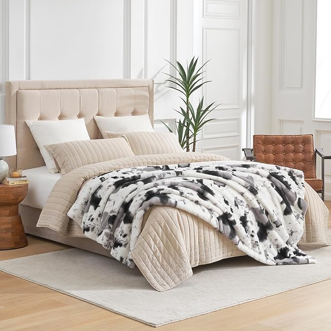 Cozy Bliss Cow Print Faux Fur Throw Blanket, Animal Printed Blankets Super Soft Warm Thick Fluffy Throws Home Decor for Couch Bed Sofa Women (Black&Grey Cow, 60x80 Inches)